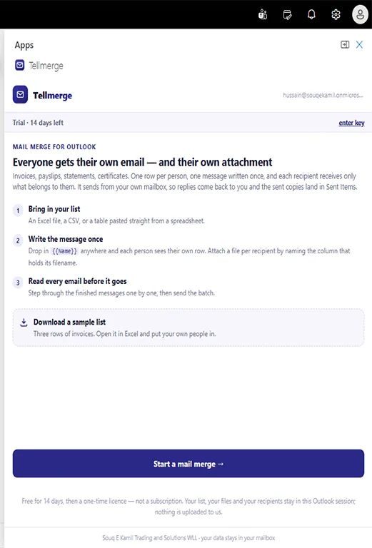 The Tellmerge pane the first time it opens, listing three numbered steps — bring in your list, write the message once, read every email before it goes — with a Download a sample list button and a Start a mail merge button.